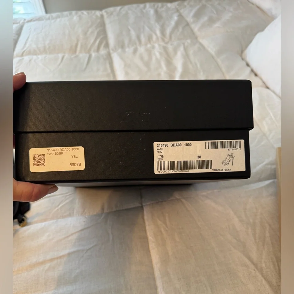 Saint Laurent Black Leather Strappy Platform Heels with Gold Logo - Picture 2 of 14